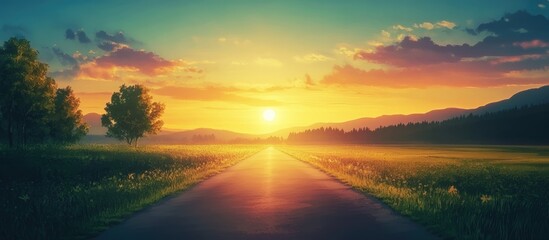 Aufkleber - Serene landscape featuring an empty asphalt road under a vibrant sunrise with orange, pink, and blue hues, flanked by green trees and mountains.