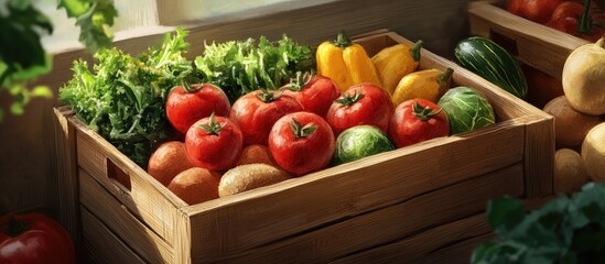 Poster - Colorful wooden crate filled with fresh tomatoes spinach yellow bell peppers and cucumbers arranged vibrantly under soft natural light setting
