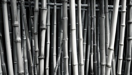 Wall Mural - Black and white close-up of bamboo stalks arranged vertically creating a textured abstract pattern