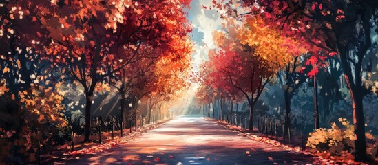 Poster - Autumn park pathway lined with vibrant red and orange trees under gentle sunlight creating a warm romantic atmosphere in nature