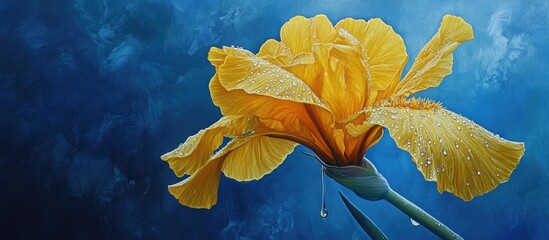 Fototapete - Vibrant yellow flower with soft petals against a deep blue backdrop enhanced by glistening water droplets for a striking contrast