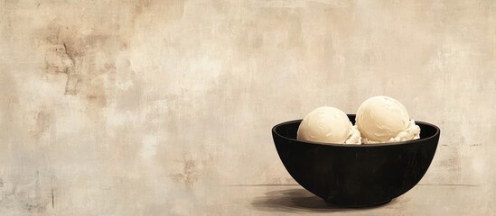 Poster - Creamy vanilla ice cream scoops in a stylish black bowl centered on a textured rustic cardboard background with soft beige tones. Ideal for food photography.