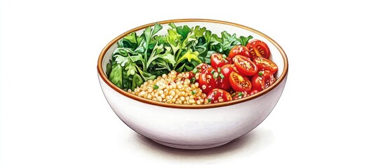 Poster - Bowl of quinoa with vibrant greens and cherry tomatoes on white background featuring earthy tones and fresh ingredients arranged artfully