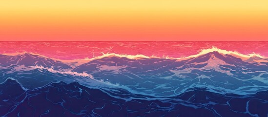Poster - Vibrant sunset over dark sea waves with colors transitioning from yellow to pink and deep blue creating a striking contrast in the horizon gradient