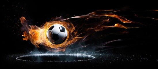 Poster - Dynamic soccer ball with black and white pattern speeding towards a glowing goal net, framed by fiery orange and white streaks on a black background.