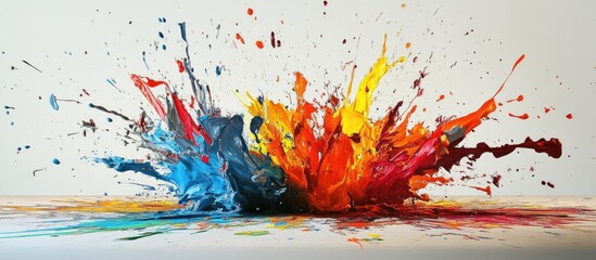 Poster - Vivid abstract artwork featuring a dynamic explosion of blue, red, yellow and orange paint splashes on a white background with energetic strokes.