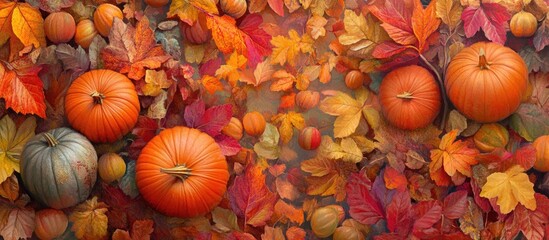 Poster - Vibrant autumn scene featuring orange pumpkins amidst colorful fall leaves in shades of red, orange, and yellow arranged symmetrically.