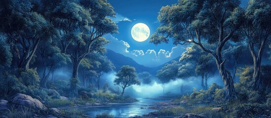 Poster - Enchanting night scene featuring a bright full moon, mysterious fog, and tall trees, creating a serene blue atmosphere reflected in a calm stream.