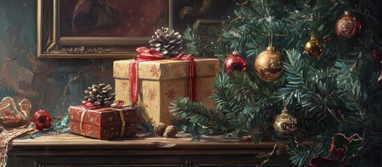 Aufkleber - Festive Christmas presents wrapped in gold and red, adorned with pinecones, beside a decorated tree with ornaments, creating a warm holiday atmosphere
