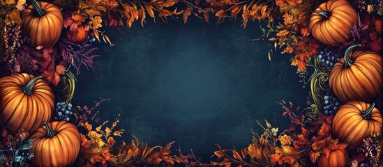 Aufkleber - Colorful Halloween border with vibrant pumpkins, autumn leaves, and dried sorghum framing a dark blue center, creating a festive fall atmosphere.