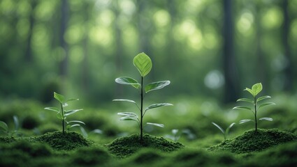 Wall Mural - New green plants growing on lush moss in a serene forest environment with blurred greenery background.