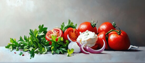Poster - Fresh tomatoes, sliced tomato with red onions and herbs on a gray background, vibrant red and green colors, arranged artfully for a natural look