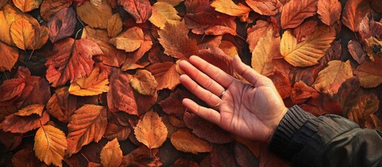 Poster - Hand reaching towards vibrant orange and yellow autumn leaves on a natural backdrop illustrating the essence of fall and nature's beauty.