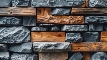 Wall Mural - Textured wall made of a combination of dark stones and light wooden planks arranged in a geometric pattern