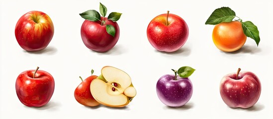 Poster - Assortment of red apple varieties including whole apples and slices arranged neatly on a white background with vibrant red and green hues.