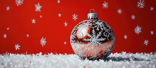 Poster - Vibrant red background with white snowflakes featuring a Christmas ornament with intricate designs positioned centrally on a snowy foreground.