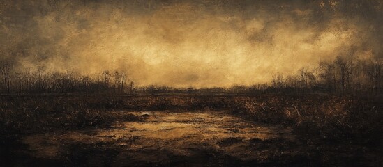 Poster - Ethereal twilight landscape featuring soft golden and dark brown hues with silhouetted trees against a moody, dramatic sky reflecting on water.