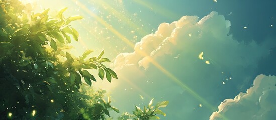 Aufkleber - Vibrant green cloud glows softly with gentle golden hues, accented by a shimmering rainbow in a tranquil natural setting under a blue sky.