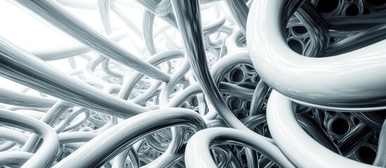Poster - Intricate white tube network with varied thicknesses interlinking throughout a bright background showcasing complexity and connection dynamics.