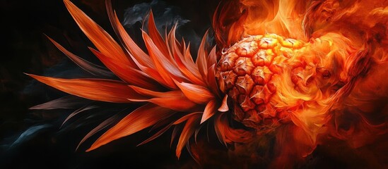 Aufkleber - Vibrant orange pineapple with fiery red and dark black background creating a stunning exotic fruit concept blending realism and fantasy elements