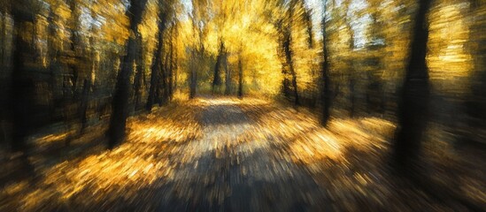 Poster - Golden autumn pathway through a blurred forest, vibrant yellow and orange leaves on ground, warm sunlight filtering through tall trees.