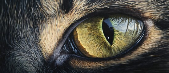 Aufkleber - Close-up of a surprised cat's eye showcasing intricate amber and green details with fur framing the eye on the left and soft background hues.