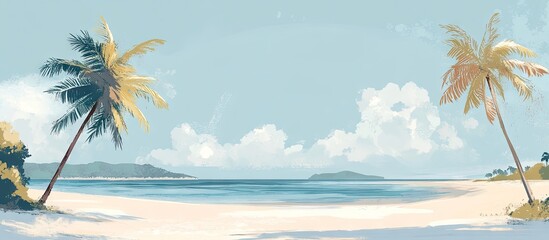Aufkleber - Tropical beach landscape with soft blue water, sandy shore, and swaying palm trees on the left and right, under a serene sky with fluffy clouds.