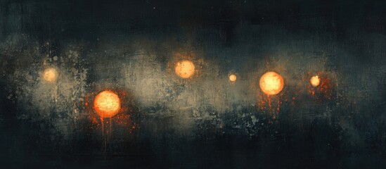 Fototapete - Abstract dark grunge background with soft bokeh effects featuring orange soft lights positioned horizontally against a deep black backdrop.