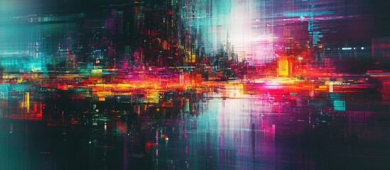 Leinwandbilder - Vibrant abstract digital glitch art showcasing distorted visuals with neon pink, blue, and yellow hues, reflecting retro computer technology aesthetics.