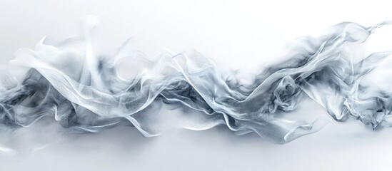 Fototapete - Digital artwork featuring a swirling composition of translucent gray and white smoke waves on a smooth white background, creating an ethereal effect.