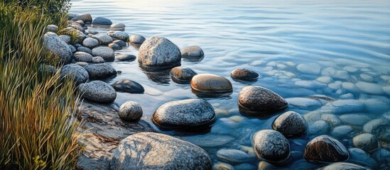 Poster - Serene coastal scene with smooth zen stones arranged along the water's edge, surrounded by soft grass, reflecting calming blue and green hues.