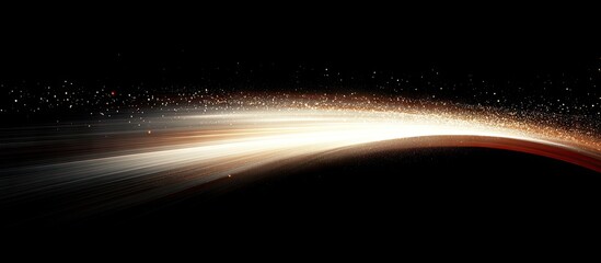 Aufkleber - Glowing arc of light trails in warm tones of orange and white against a black background, showcasing dynamic movement and particle interplay.