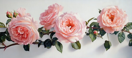 Fototapete - Delicate pink roses with soft petals arranged horizontally against a light background, featuring green leaves and subtle details for a romantic vibe.