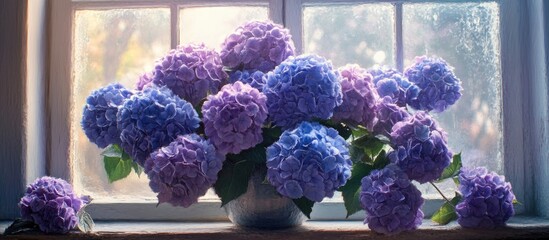 Poster - A vibrant arrangement of purple and blue hydrangeas in a white vase on a windowsill with sunlight streaming through enhancing floral beauty