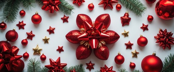 Sticker - Red Christmas decorations including ornaments, stars, and a large bow arranged on a white surface with pine branches.