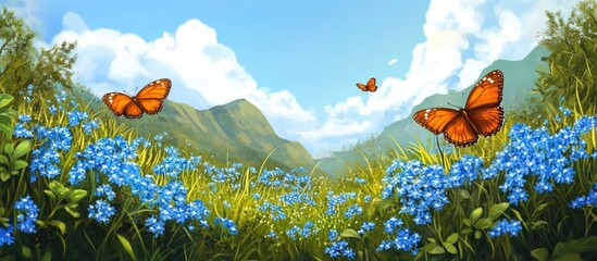 Aufkleber - Vibrant summer meadow filled with blue forget-me-not flowers, featuring two orange butterflies soaring amidst lush green hills and a clear blue sky.
