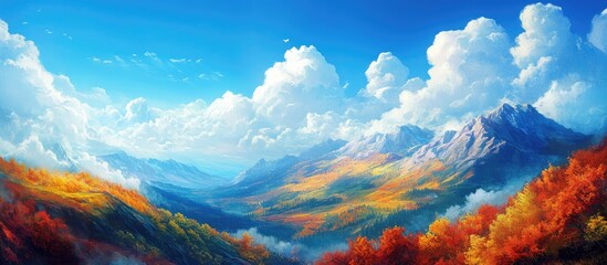 Poster - Vibrant autumn landscape with orange and red foliage in the foreground; majestic mountains under a bright blue sky with fluffy white clouds.