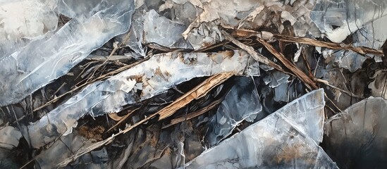 Poster - Abstract winter scene featuring close-up fractured layers of ice in shades of gray and blue with hints of brown, showcasing intricate natural details.