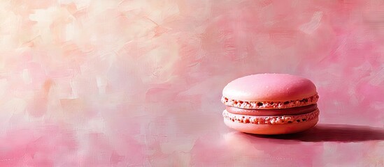 Poster - Pastel pink and beige macaron on a soft blurred background, highlighting the delicate texture and vibrant colors of this French delicacy.