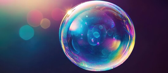 Fototapete - Vibrant soap bubble reflecting a spectrum of colors against a softly illuminated dark background with subtle lens flare elements