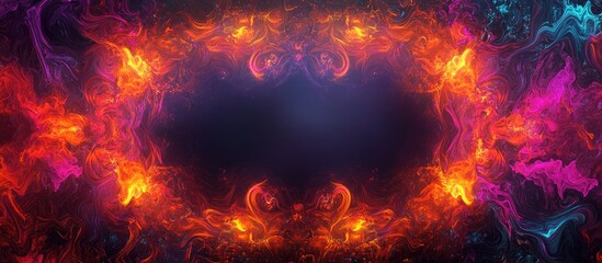 Leinwandbilder - Neon light frame in vibrant orange and pink contrasts against a deep dark backdrop, creating an energetic and captivating empty space for text.