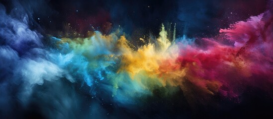 Poster - Vibrant abstract dust explosion creating a rainbow gradient with blue, cyan, yellow, and pink hues swirling against a dark background.