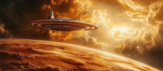 Poster - A futuristic spaceship hovering above a vibrant orange planet with dramatic clouds in the background showcasing a cosmic landscape.