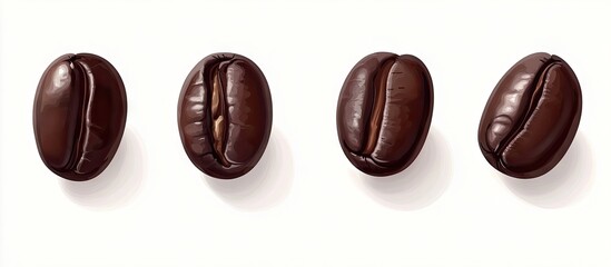 Poster - Dark brown roasted coffee beans arranged in a row on a light cream background showcasing their glossy texture and rich caffeine content