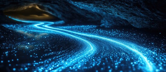 Aufkleber - Glowing blue river of light winding through a dark cave with hints of golden highlights in the background creating a mystical atmosphere.