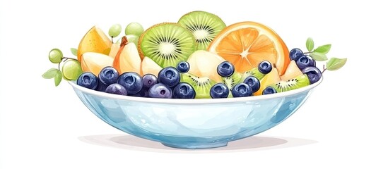 Aufkleber - Colorful bowl with mixed fruits including orange, kiwi, blueberries, pear, and green grapes, arranged in a light blue bowl centered on a white background.
