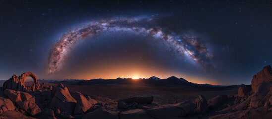 Poster - Majestic Milky Way galaxy arching over rugged mountains during twilight, with rich blues and purples contrasted by warm sunset hues on horizon.