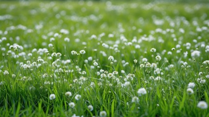 Sticker - Lush green grass field adorned with delicate white flowers creating a serene and tranquil natural landscape.