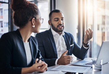 Aufkleber - Discussion, laptop and meeting review with business people in office together for project management or teamwork. Notebook, conversation and idea with man, woman or workplace for b2b collaboration