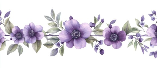 Aufkleber - Purple floral border frame featuring elegant blooms and delicate leaves in a seamless design with varying shades of purple and green on a white background.